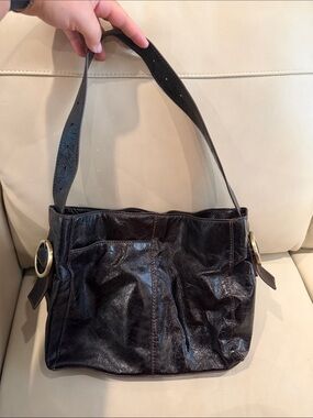 HOBO Dark Brown Leather Shoulder Bag with Gold Rings